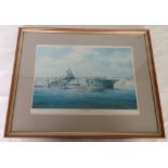 A framed & glazed Robert Taylor naval print HMS Illustrious moored in Malta Harbour 1943. 45 x