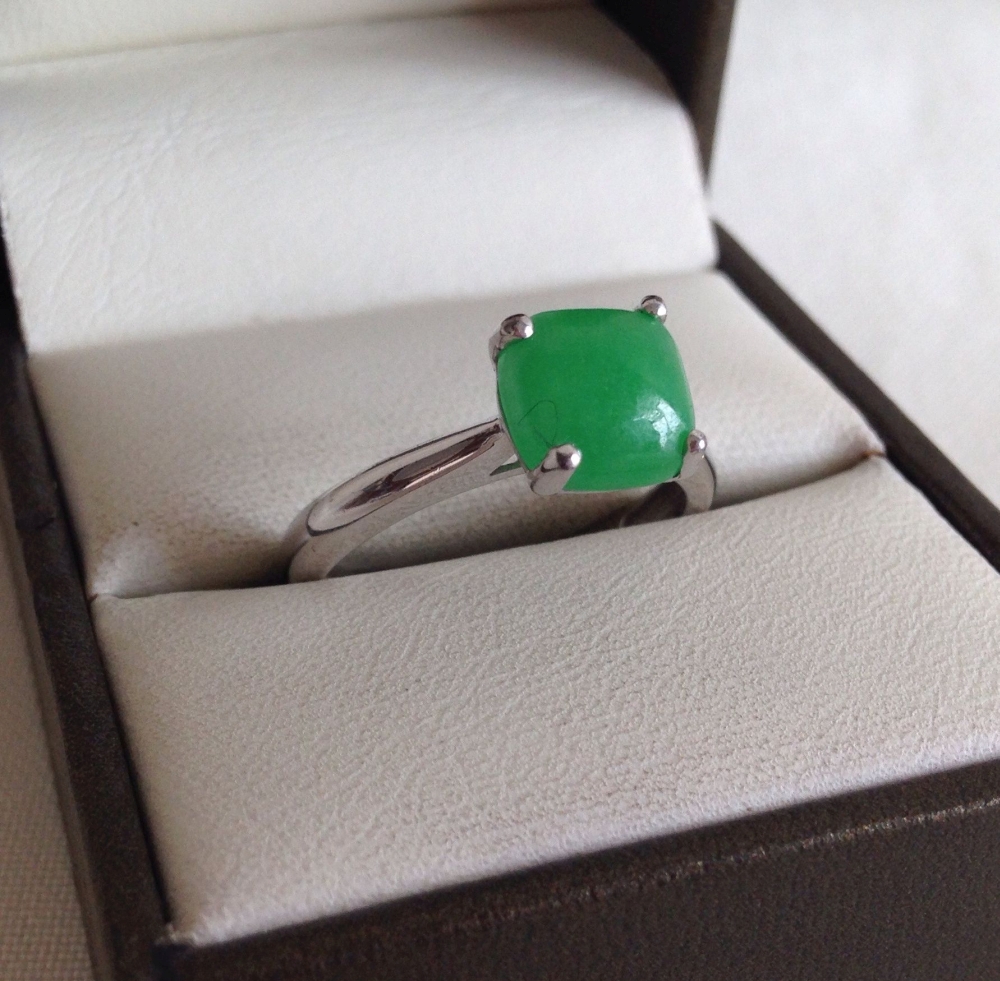 925 silver ring set with central square cut jade, size O.