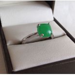 925 silver ring set with central square cut jade, size O.