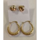2 pairs of 9ct gold earrings - tri-colour knot design stud earrings and a pair of engraved hoop