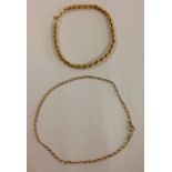 2 9ct gold chain bracelets. One a rope chain measuring approx 7", the other a single oval link chain