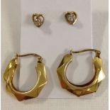 2 pairs of 9ct gold earrings - heart shaped stud earrings set with white stones and a pair of hooped