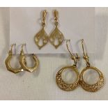 3 pairs of 9ct gold earrings - 2 pairs of pendant earrings and a pair of small/childs hooped