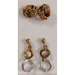 2 pairs of 9ct gold earrings - knot design stud earrings and a pair of yellow & white gold drop