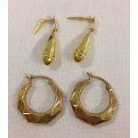 2 pairs of 9ct gold earrings - drop earrings with integral back closers & a pair of hooped earrings.