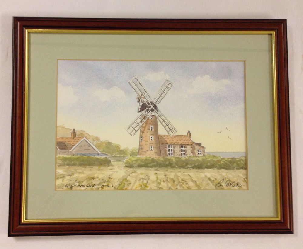 Framed & glazed watercolour of Weybourne Mill by Ron Brooks, Norfolk local artist.  Frame size