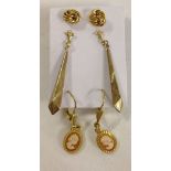 3 pairs of gold earrings comprising: knot design studs test as 14ct, long drop earrings test as 10ct