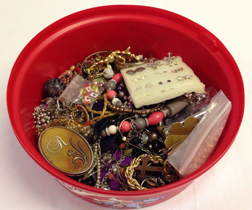 A box of vintage & modern costume jewellery to include aurora borealis necklace.