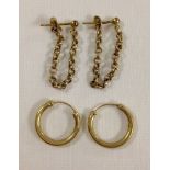 2 pairs of 9ct gold earrings hoops & chains. Approx 2.2g total weight.