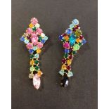 2 multicoloured stone brooches in a diamond shape with an approx 4cm drop