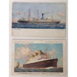 2 vintage postcards of ships both Paquebot postmarks (posted at sea): 1) 1939 D.D. Statendam. 2) T.