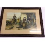 A large framed & glazed Victorian coloured print of a fisherman mending nets.