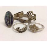 A collection of 6 silver rings including marcasite.