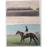 2 early postcards - 1) Newmarket racecourse grandstand & course, c1903. 2) Colour card jockey &