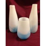 3 modern white & blue glass vases.