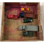 5 vintage Hornby Dublo cars and lorries together with an unmarked lorry for use on OO gauge model