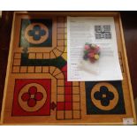 Wooden handmade 'Uckers' board with dice & counters. Game played in the Royal Navy. Can be used