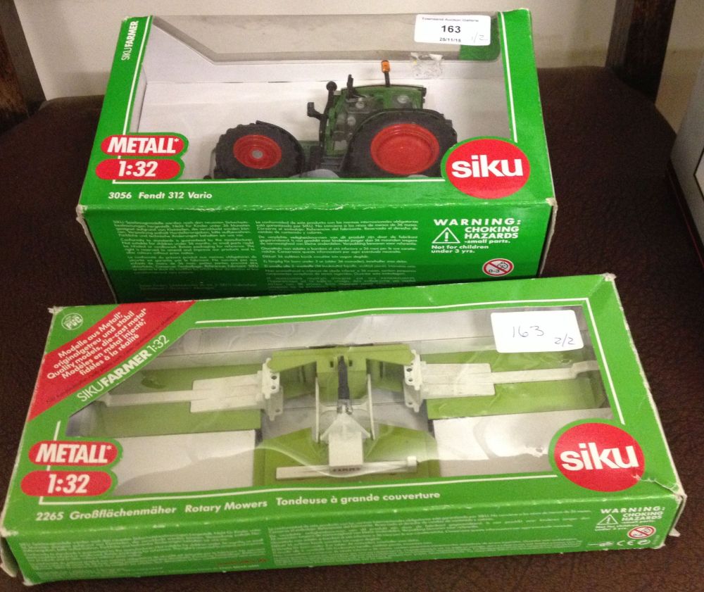 2 boxed Siku 1:32 scale farm diecast: 1) Fendt 312 Vario Tractor #3056. 2) Rotary Mowers #2265.