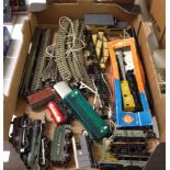 A box of OO gauge model railway items to include a quantity of Hornby Dublo 3 rail metal track.