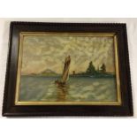 An early 20th century oil on board of a sailing boat, signed Mynton.  Frame size 34cm x 45cm.