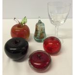 5 glass paperweights including fruit, together with an engraved glass commemorating the centenary of