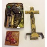 A small box of misc items to include cap badges, brass elephant, a family of 4 soapstone turtles and