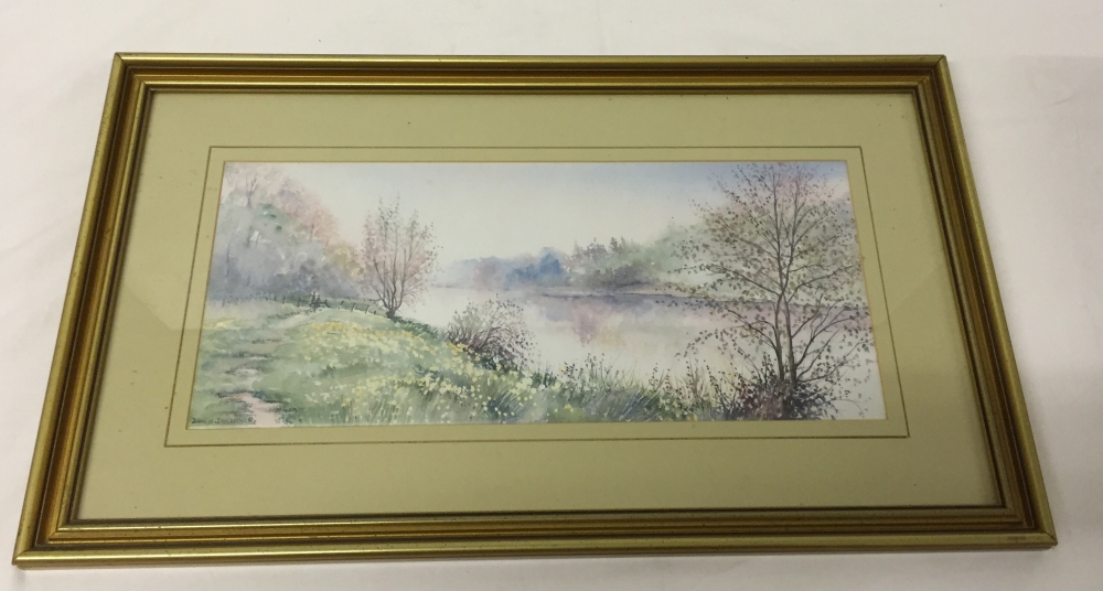 A F&G watercolour of a riverbank, signed by J.H. Instance of Bewdley. Frame size 36 x 61cm