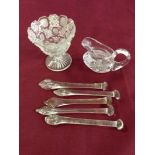 5 Victorian glass sugar crushers with a miniature cut glass sauce boat and bowl.