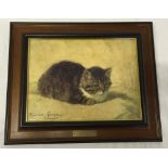 A framed print on textured board of a cat, original by Henriette Ronner-Knip 1821-1909.