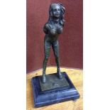 Modern bronze erotic figure of a chained girl on marble base, 32cm tall.