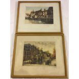 A pair of framed & glazed hand coloured engravings of continental city canal scenes - possibly