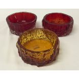 3 Whitefriars studio glass ashtrays, two red and one gold. Slight chips to rims.