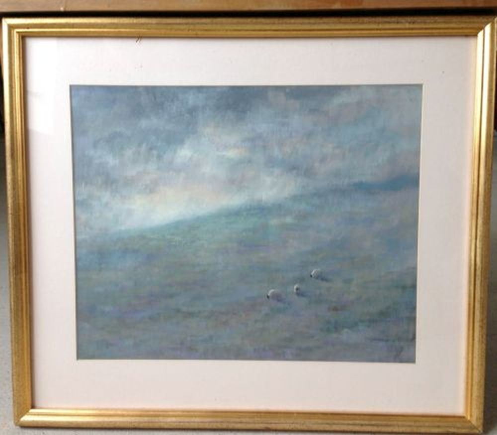 A framed & glazed pastel by Tony Holahan of sheep on Attendale Moor. 53 x 61cm.