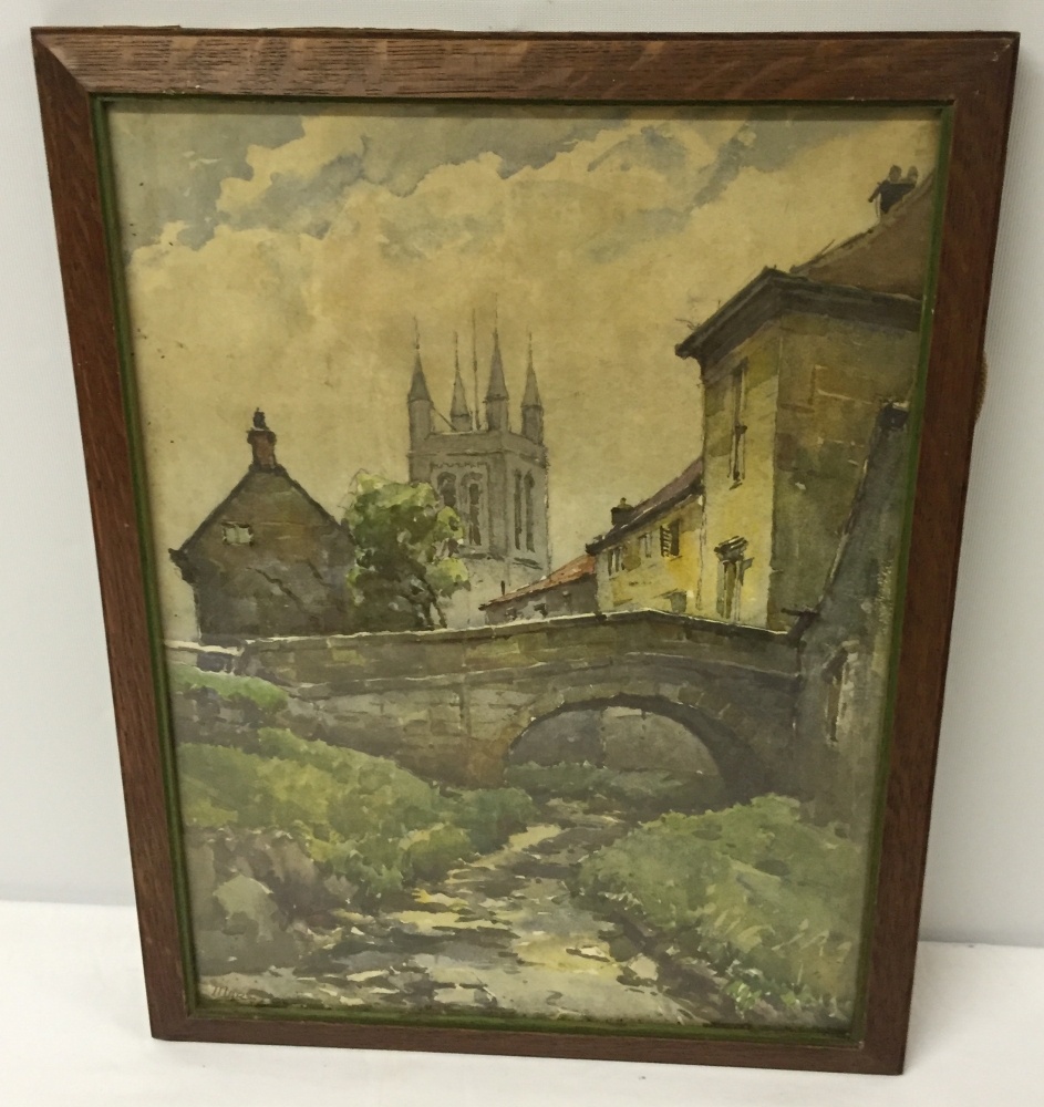 A F&G watercolour of  a stream and stone bridge (possibly in Norwich) signed Mars 45 x 35 cm