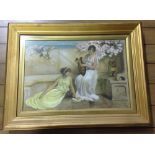 A 19th century gilt framed & glazed Herbert Horwitz print on canvas with oil over-painting. 2 ladies