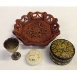 A small tray of mixed items to include an Indian papier mache lidded trinket box, an alabaster