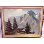 A large framed oil on canvas of an Austrian mountain scene with ski chalet, signed Bauer, c1920-30s.