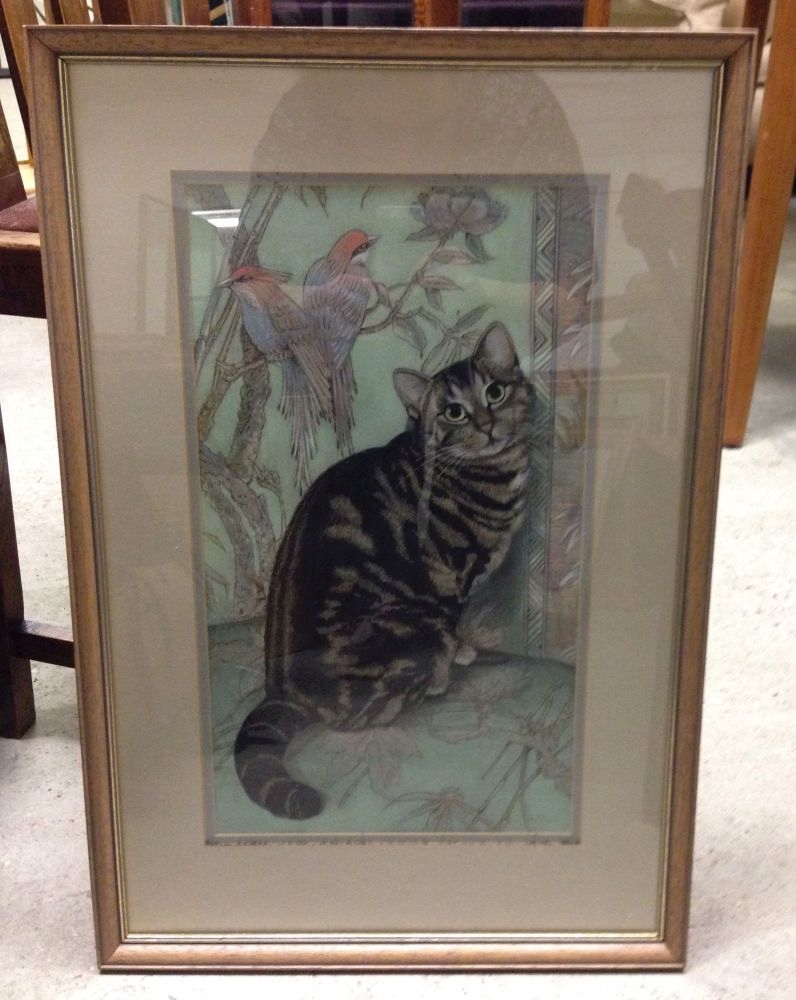 A framed & glazed pastel of a tabby cat by Joan Pace. 60 x 40cm.