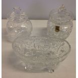 3 pieces of cut crystal - a Royal Doulton jam pot with cut flower design, another cut crystal jam