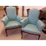 Pair vintage blue upholstered chairs - in need of re-upholstering.