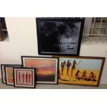 6 tribal paintings & f/g prints to include 2 oils on canvas.