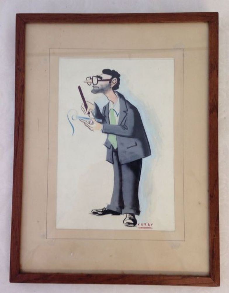 A vintage framed & glazed ink caricature of a newspaper reporter, signed Kerry. 38 x 29cm.