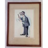 A vintage framed & glazed ink caricature of a newspaper reporter, signed Kerry. 38 x 29cm.
