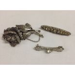 2 vintage silver bar brooches, one set with diamante, the other with a central white stone (pin