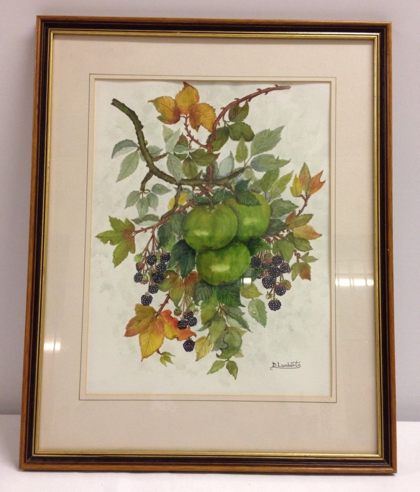 A F&G watercolour of apples and blackberries by D Lambert size of frame 52 x 42cm