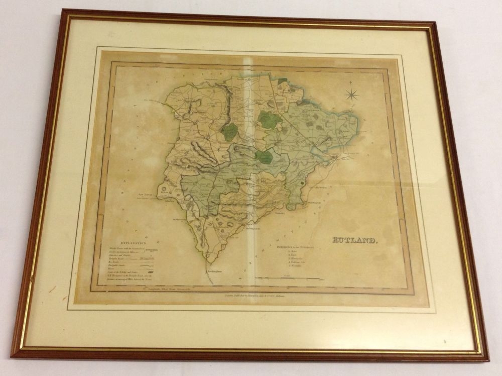 A framed & glazed 19th century Henry Teesdale hand coloured map of Rutland. Frame size 50 x 58cm