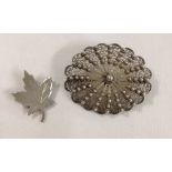 Filligree silver brooch approx 4.5cm x 3.5cm. Continental silver stamped 800, together with a