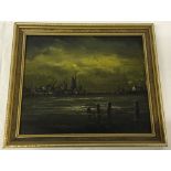 A gilt framed oil on board of Montrose Harbour signed Elliot 30 x 35cm.