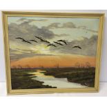 A framed oil on canvas of a marshland scene with geese at sunrise, signed Mackenzie Thorpe. Frame