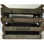 4 vintage wooden apple/veg box trays with 'John Kent' and 'K. Martin & Son' stenciled names.